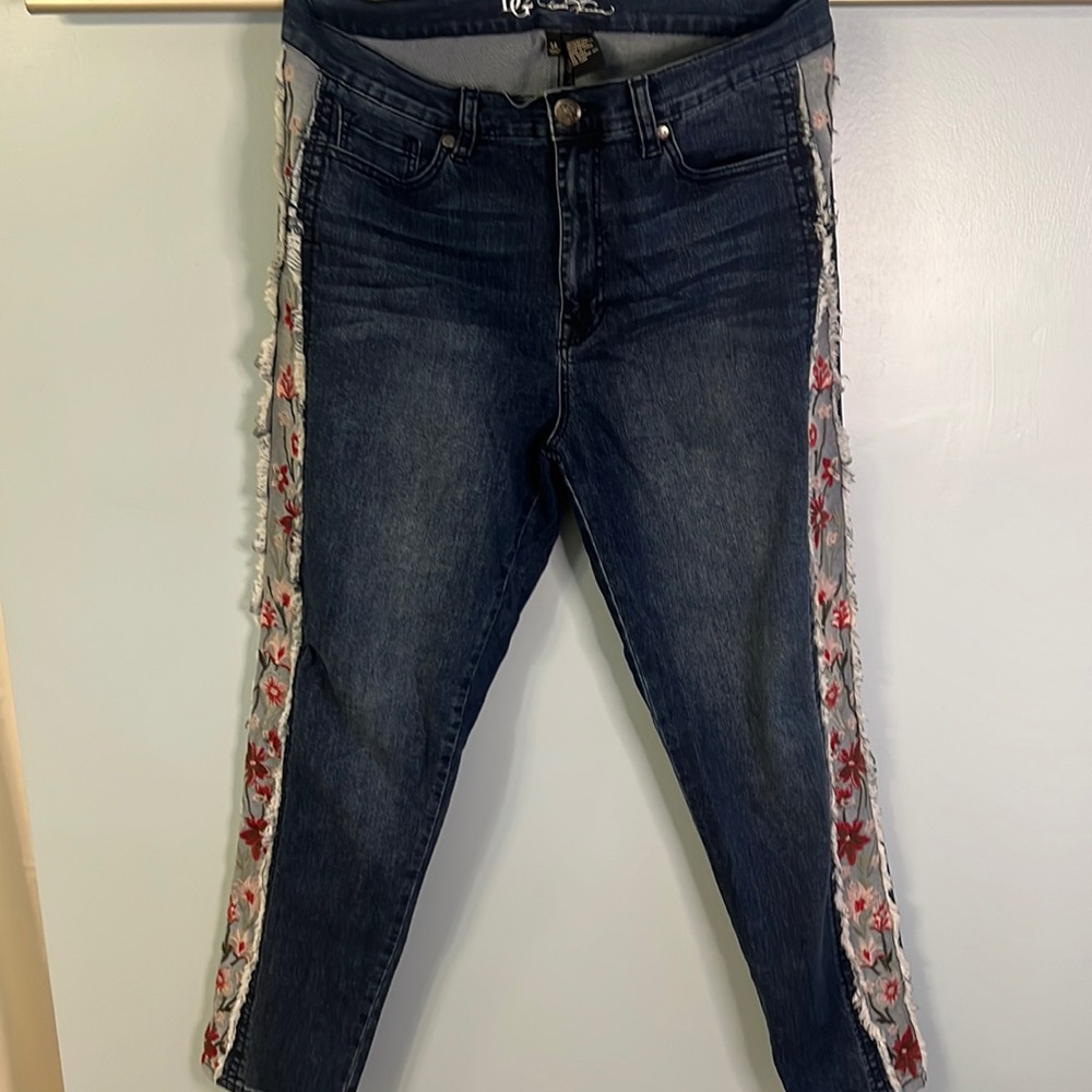 DG2 embroidered tuxedo stripe boho chic jean. Size 14. Worn once. Dark wash.